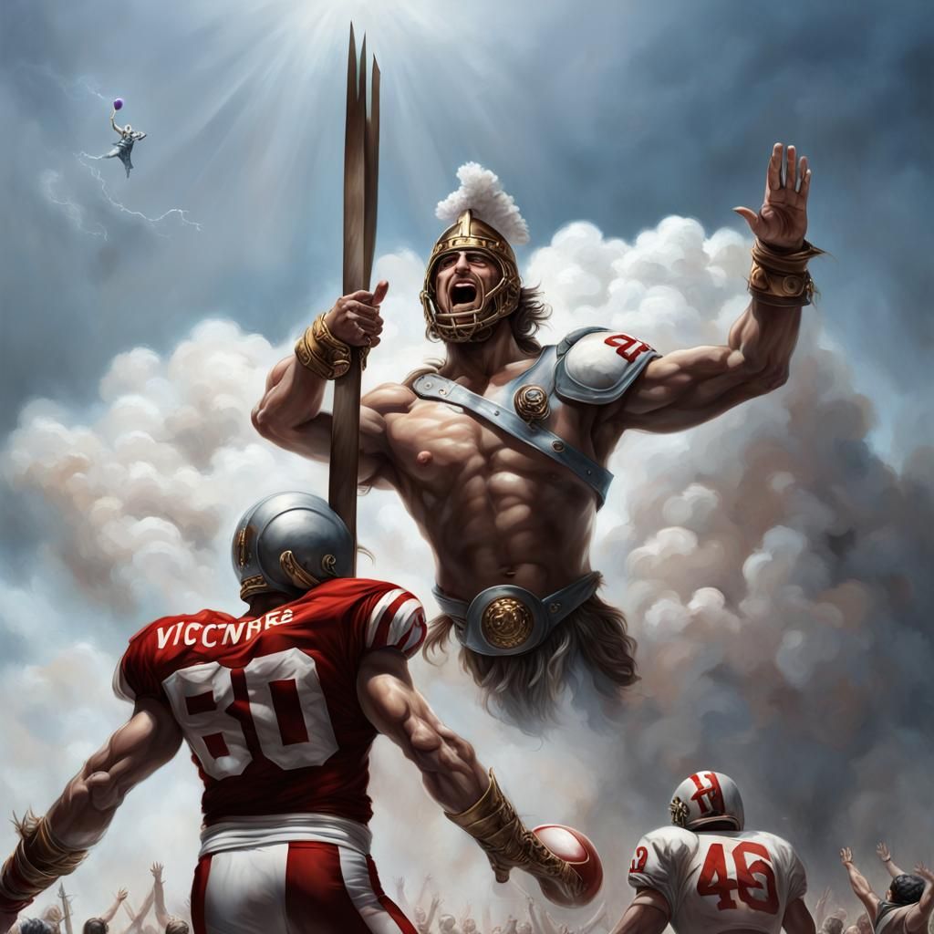 Ares High-Fives Football Player: Epic Digital Art