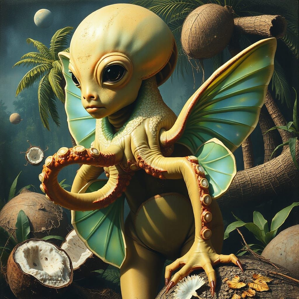 Alien Coconut Creature on Exoplanet, Blending Art Styles