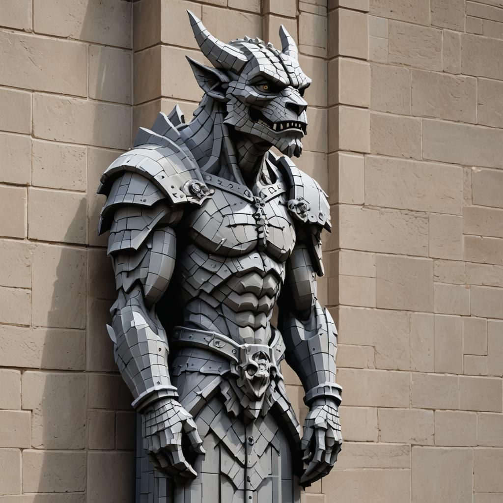Pixel Art Gargoyle Statue on Cathedral Wall