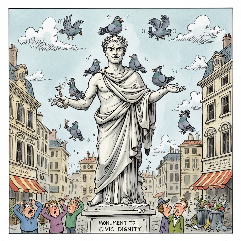Marble Statue vs. Pigeons in Witty Cartoon Style