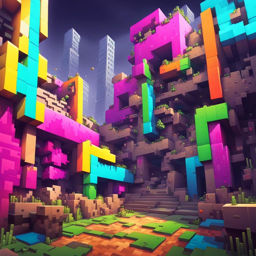 Cyberpunk Minecraft Town Ruins with Neon Graffiti