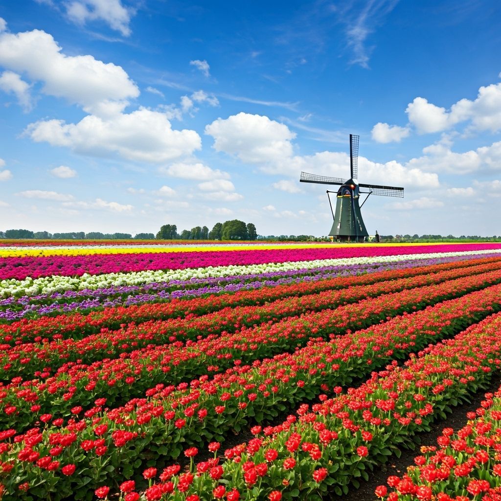 Idyllic Flower Field with Distant Windmill
