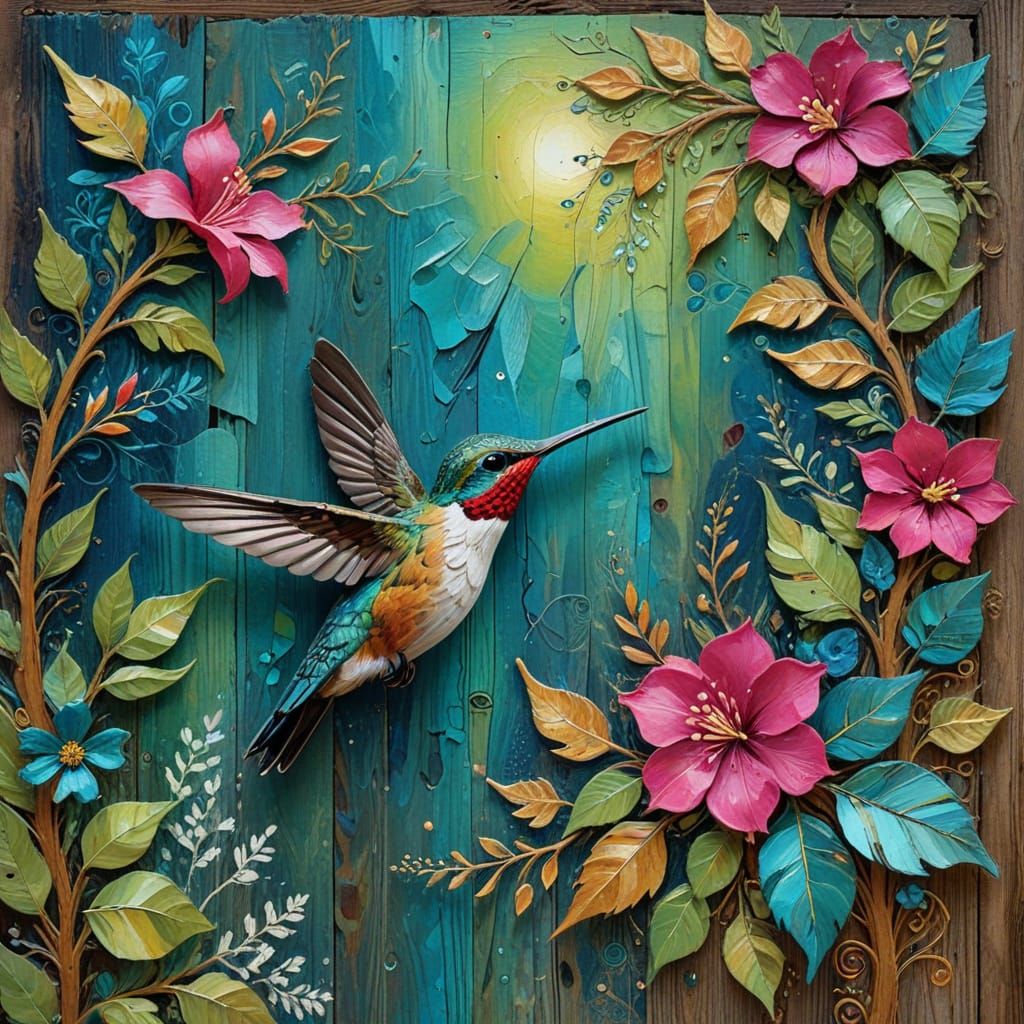Whimsical Folk Art Hummingbird Amidst Vibrant Bloom