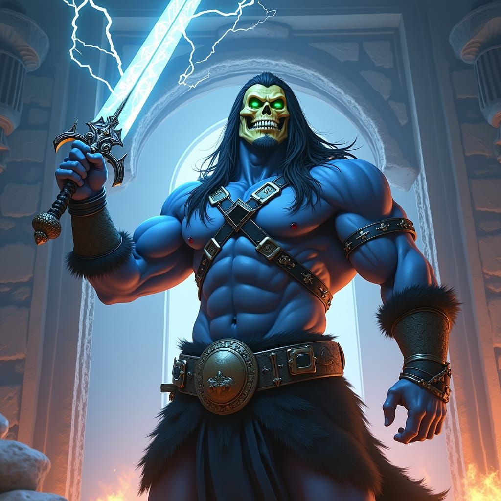 Muscular Blue Barbarian Radiating Energy in Anime Style