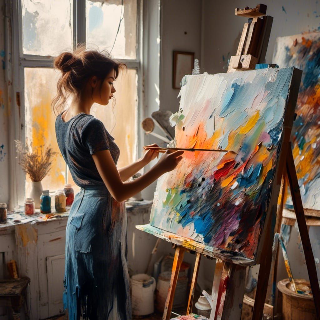 Impressionist Artist in Sunlit Studio at Work