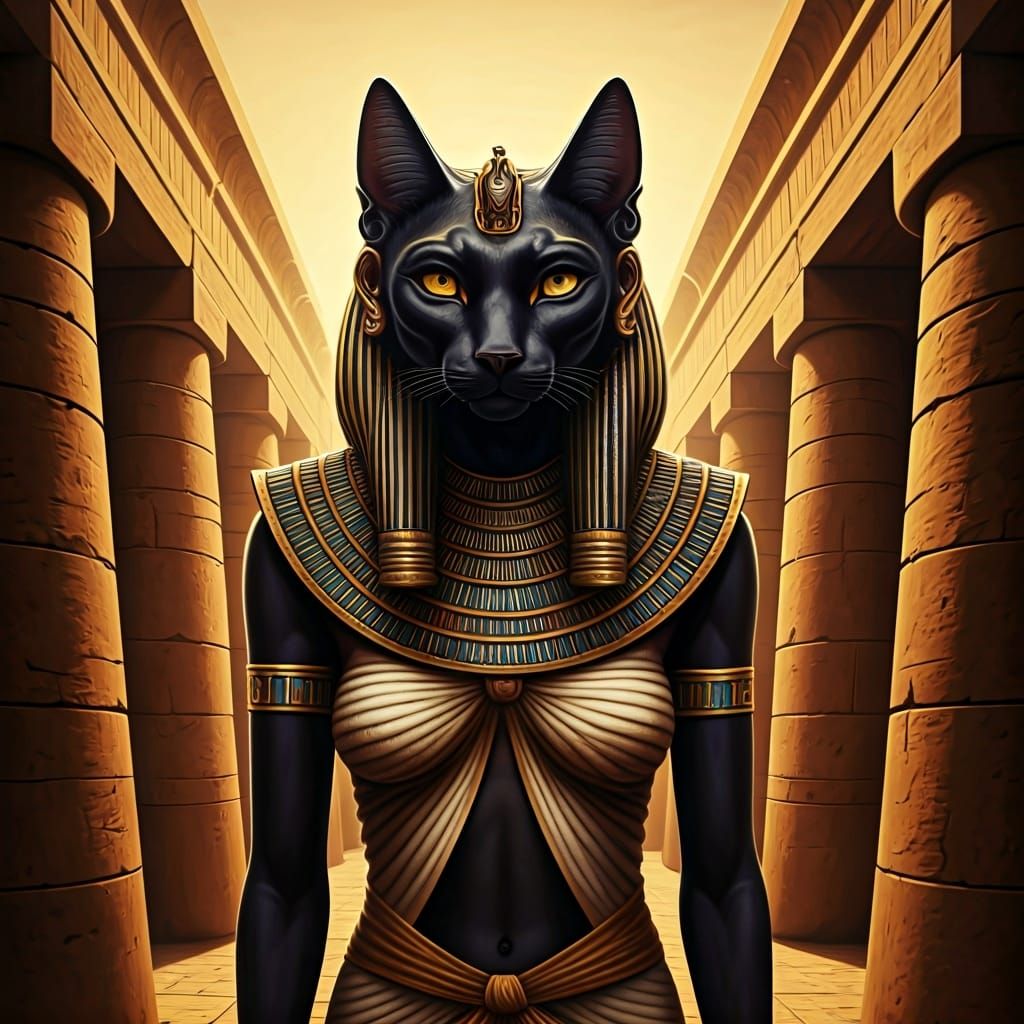 Ancient Egyptian Cat Goddess Bastet in Temple