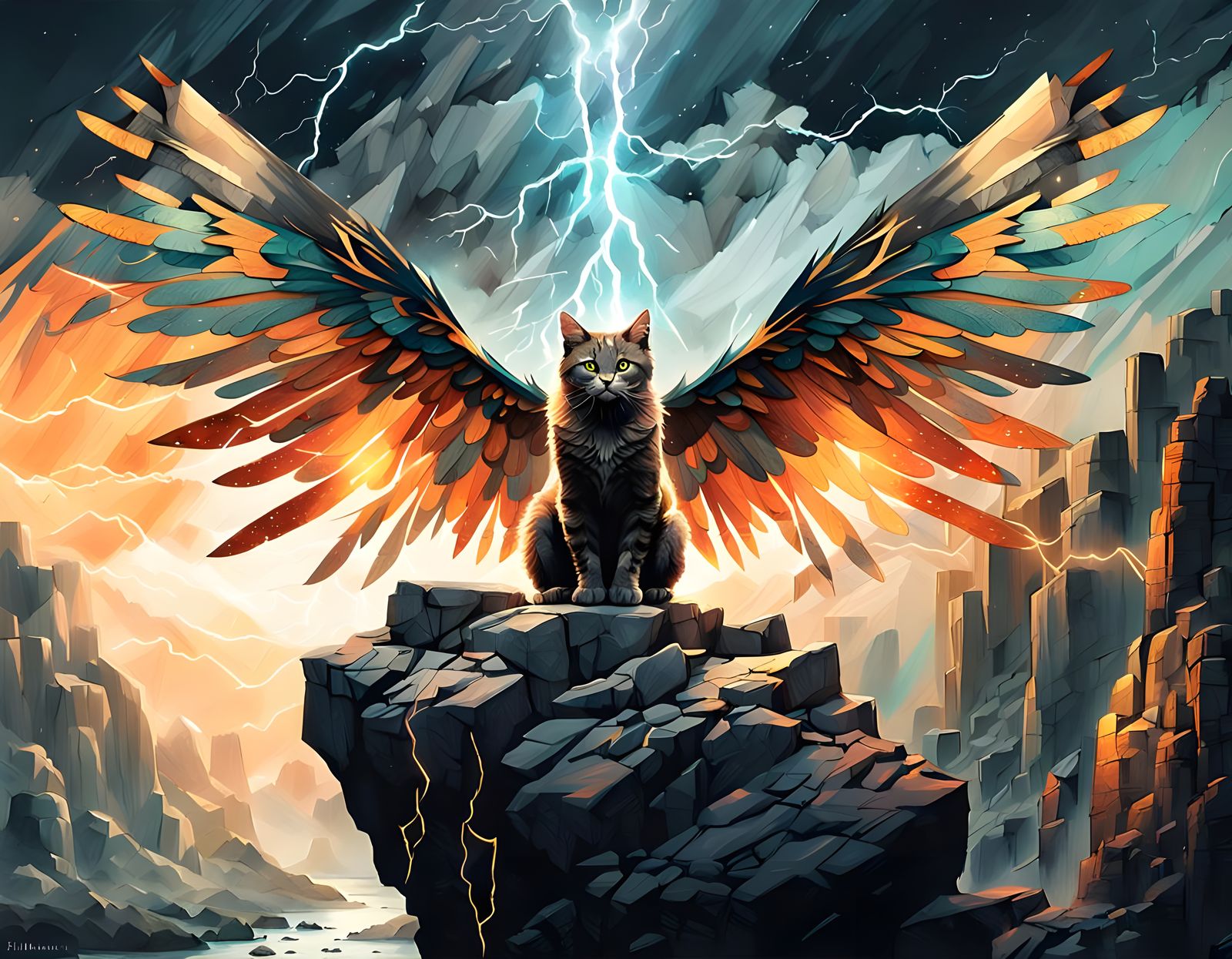 Ethereal Feline Winged Creature in Whimsical Stormy Skies