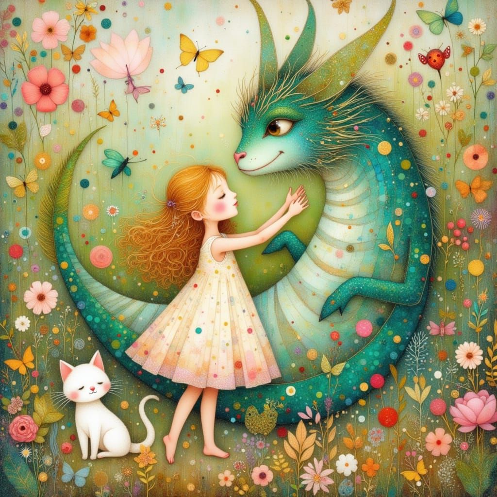 Whimsical Girl, Dragon, and Kitten in Impressionistic Garden