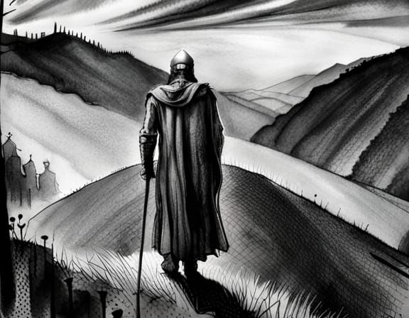 Templar Knight on Windy Hill, Charcoal and Ink