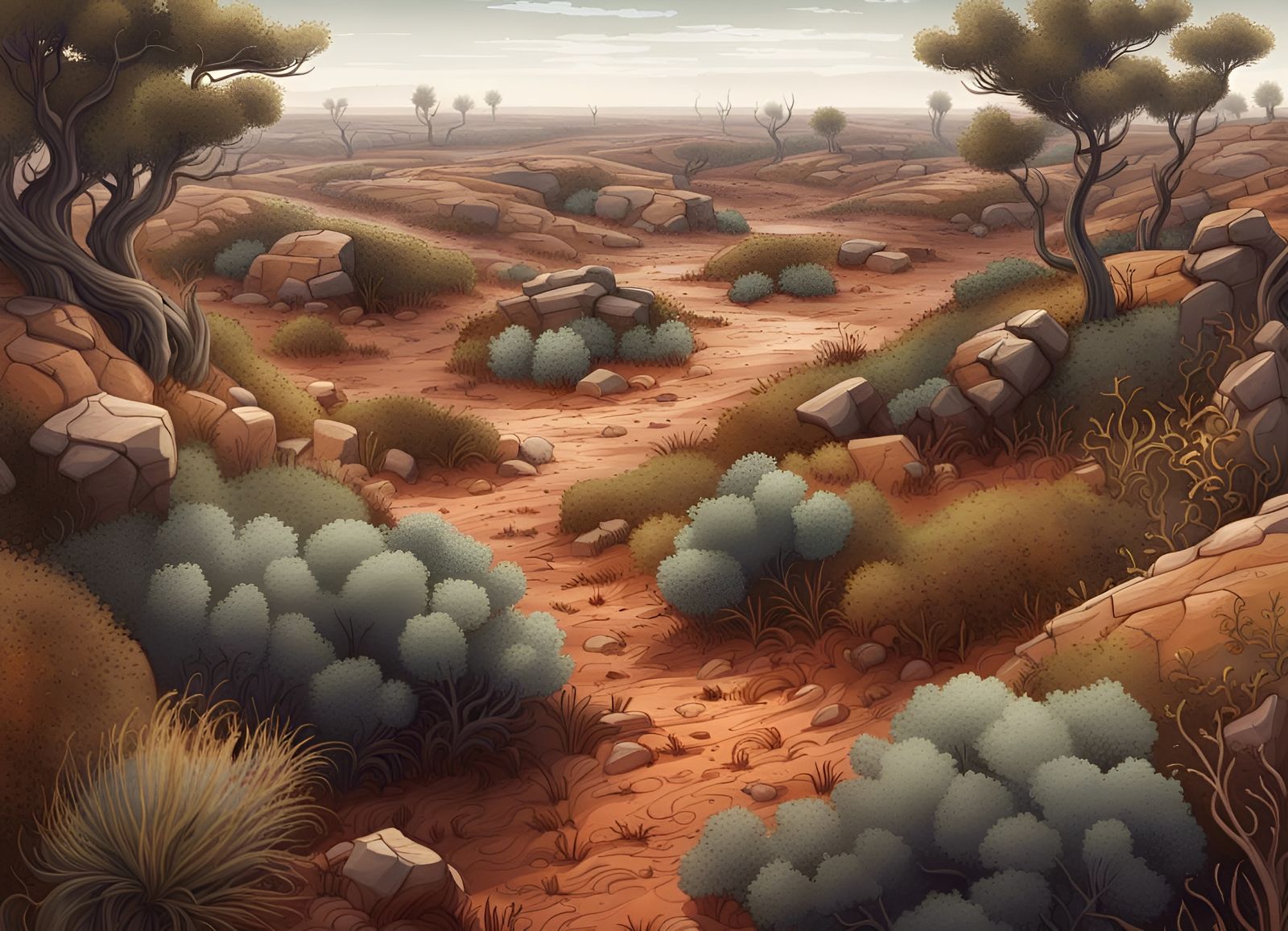 Open Heath Scrubland Airbrushed Ink Painting