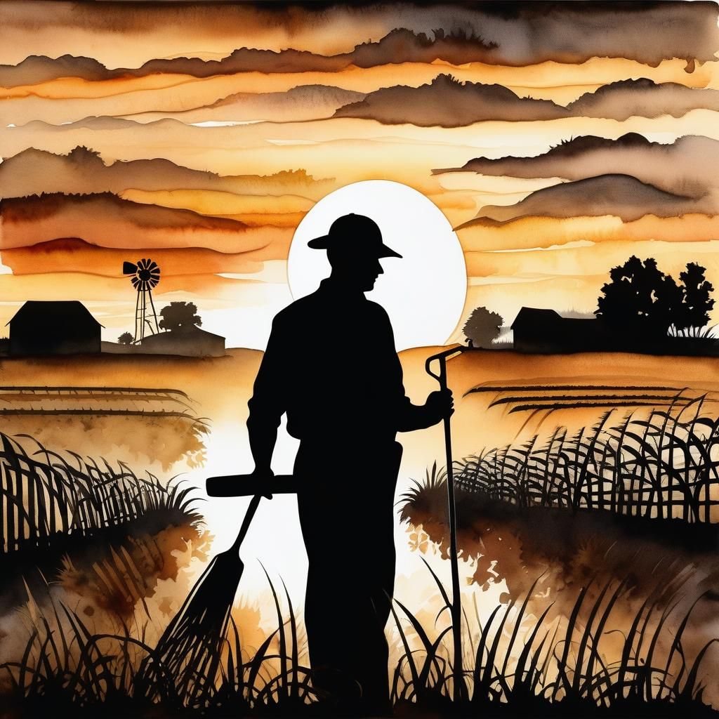 Dramatic Sunrise Silhouette: Farmer at Work
