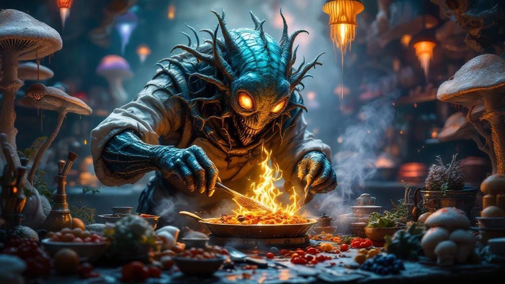 Cryptid Chef Cooking in Subterranean Kitchen, Digital Art