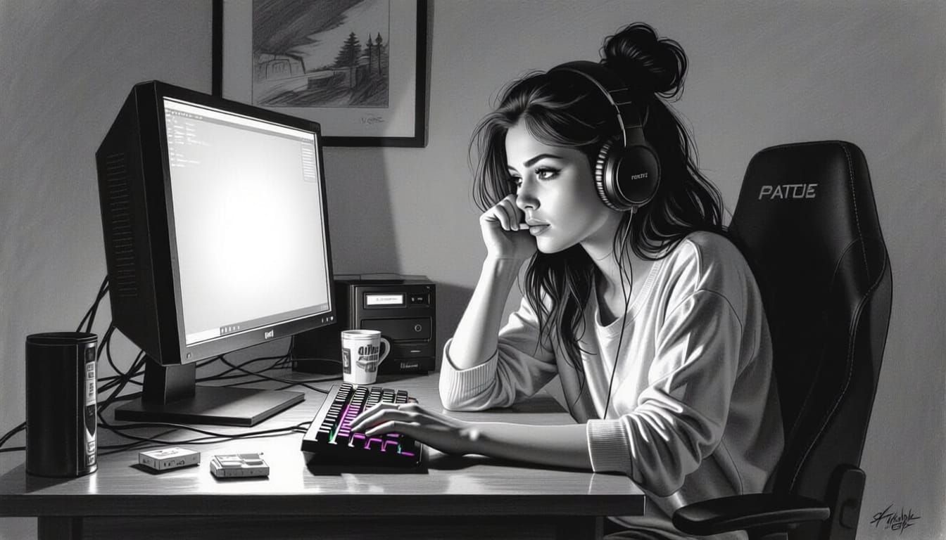 Woman Searching Desk in Charcoal Drawing