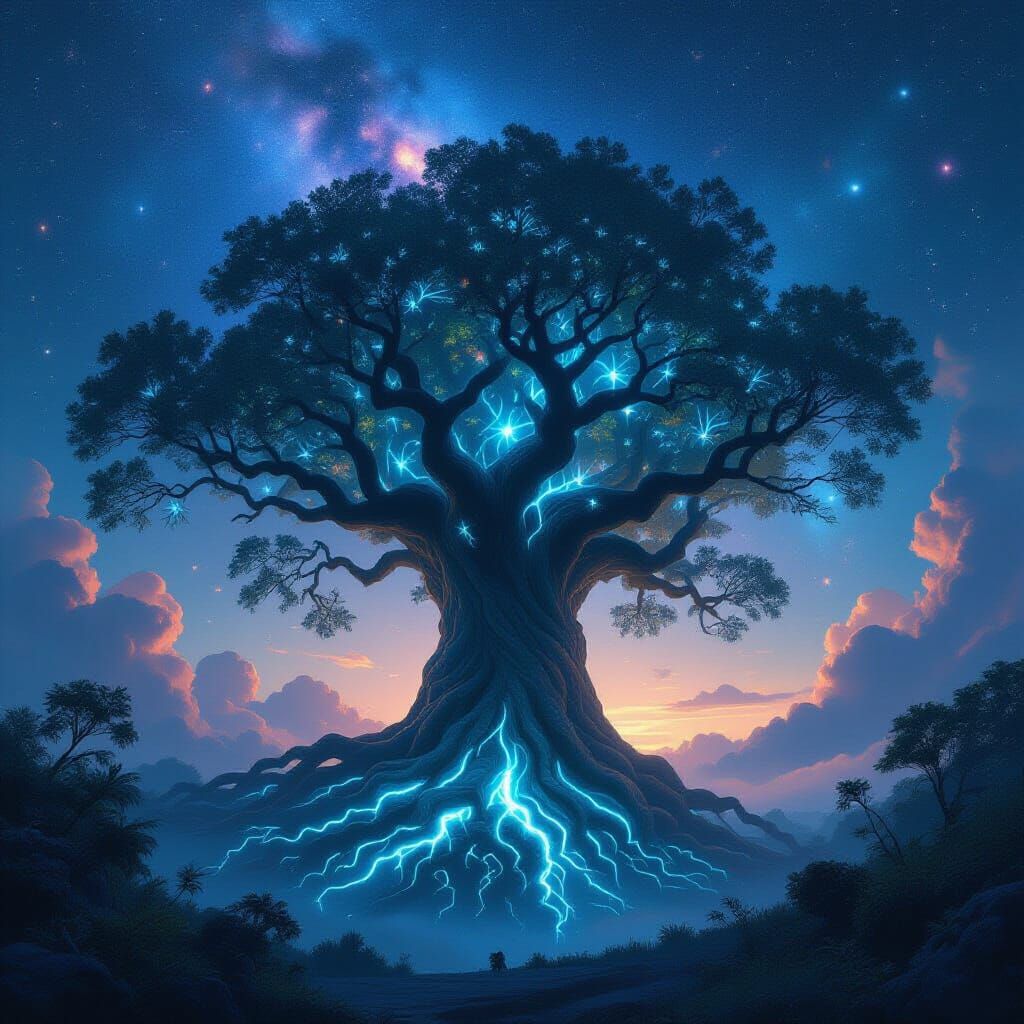 Ancient Bioluminescent Tree Under Nebula Sky