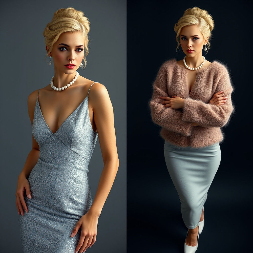 Elegant Woman in Silver Dress with Angora Cardigan