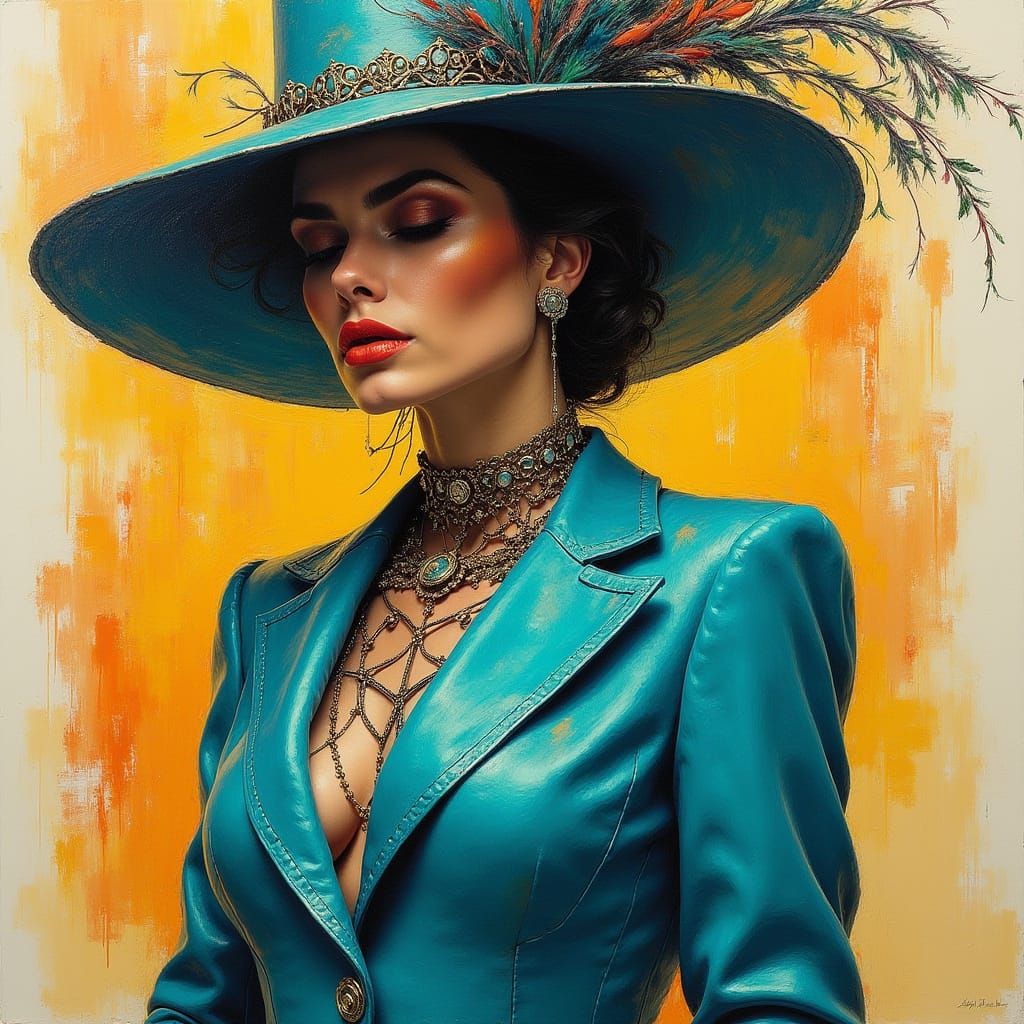 Powerful Woman in Turquoise Suit and Elaborate Hat