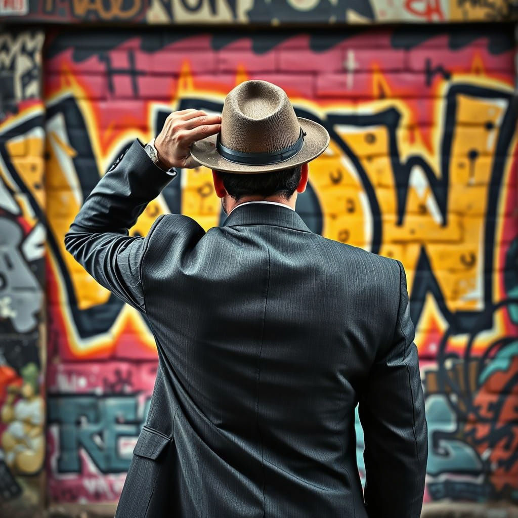 Man in Suit Adjusting Hat Before Graffiti Wall