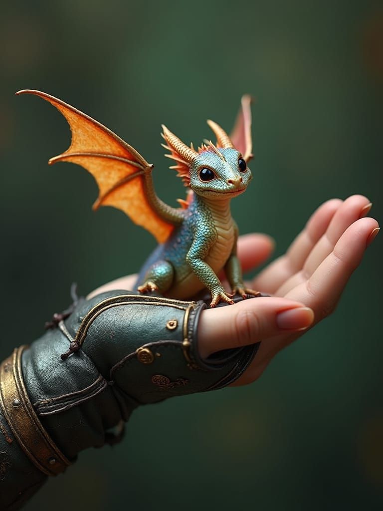 Iridescent Dragon in Gauntlet, Fantasy Portrait