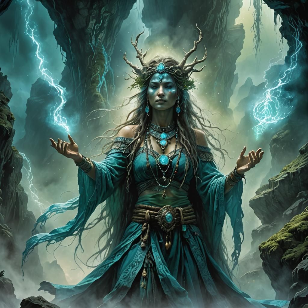 Mystical Shaman Summons Elements in Luis Royo Style