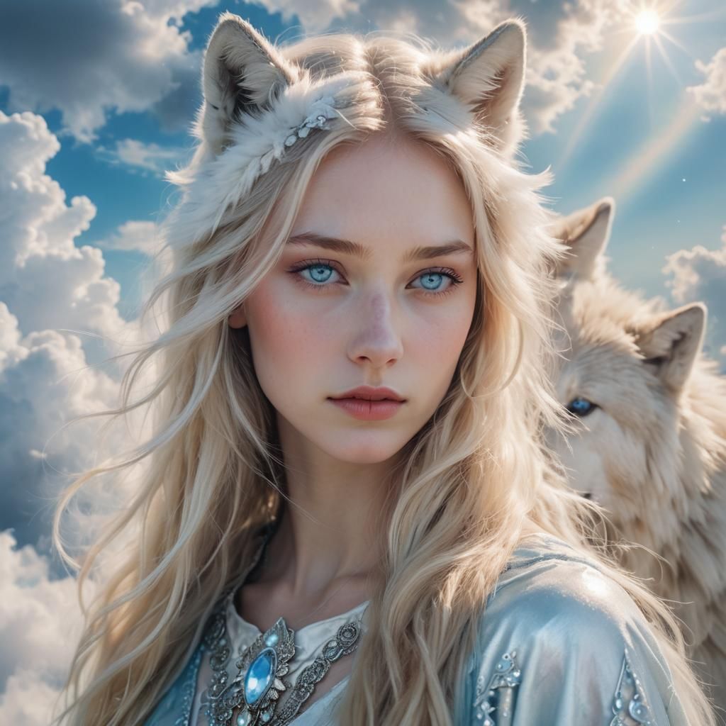 Mystical Girl with Wolf Face in Ethereal Clouds