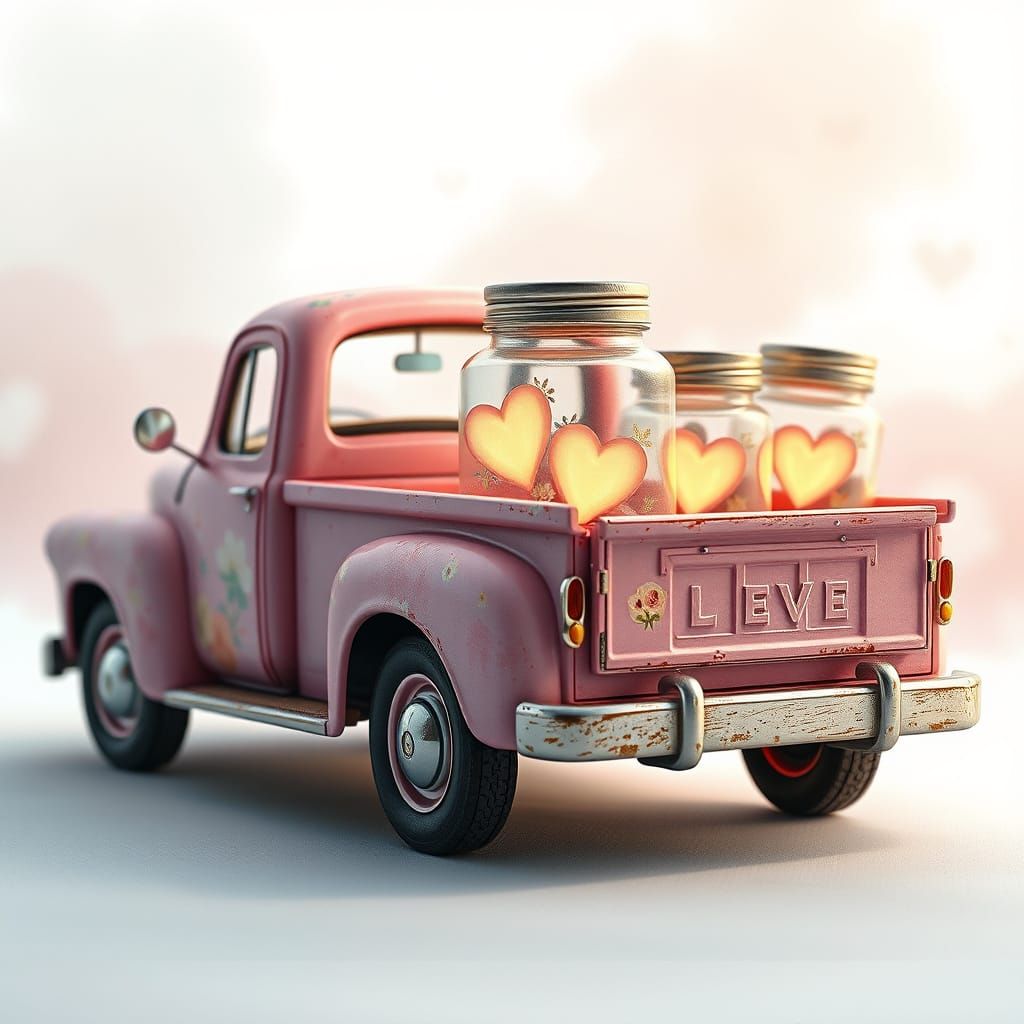 A tiny pink pickup truck carrying glass jars filled with glo...