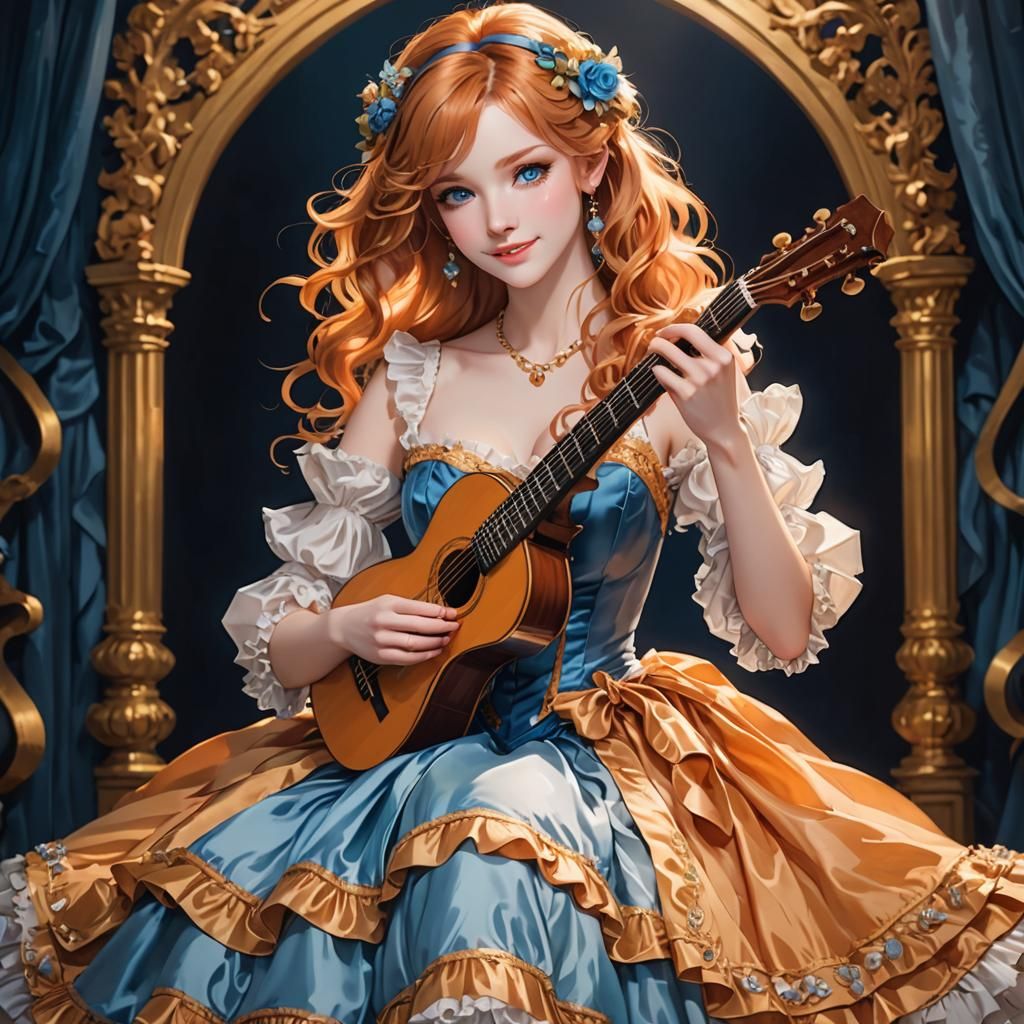Pretty Foxgirl in Rococo Gown Playing Guitar