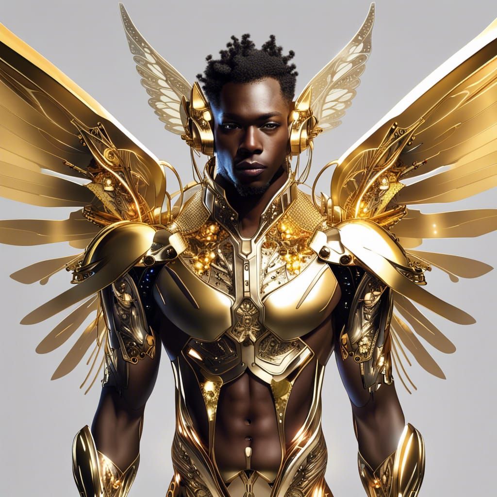 Gold Cybernetic Fairy with Wings on White