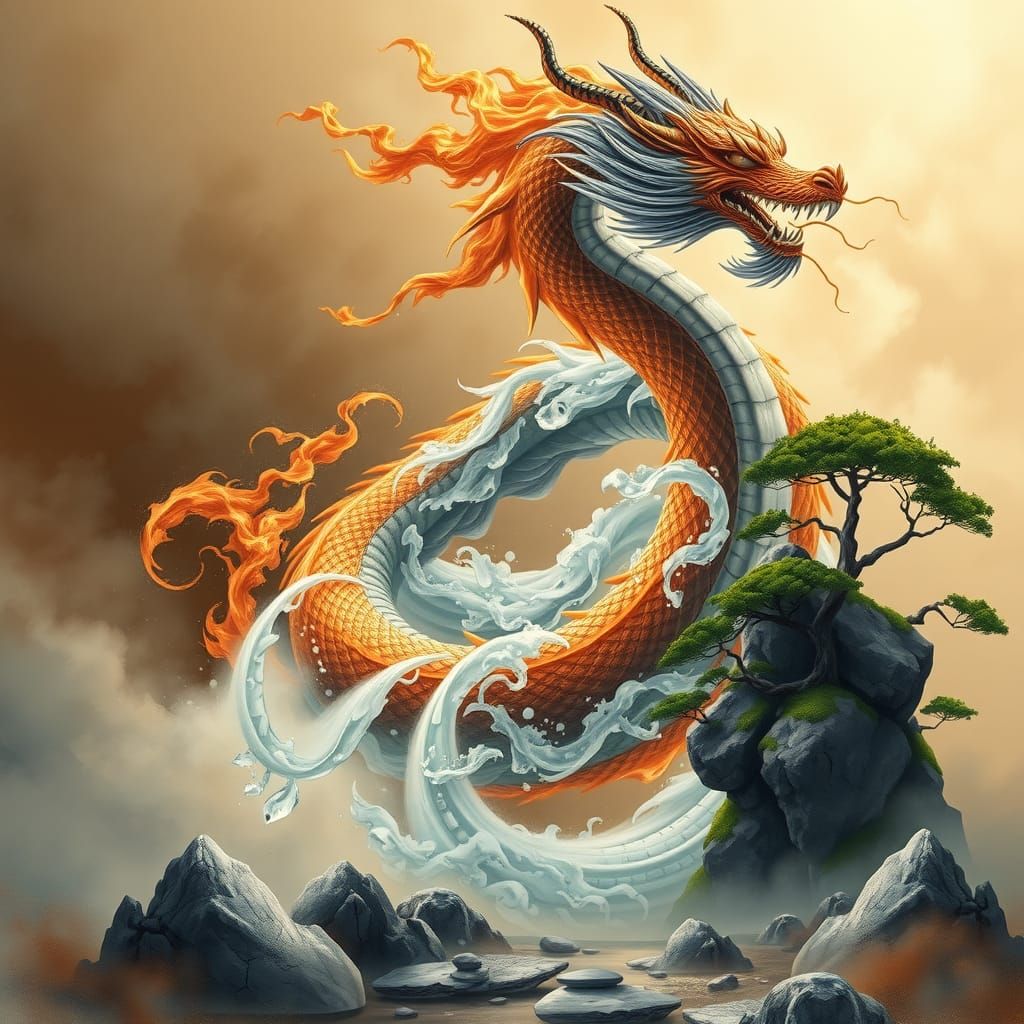 Fire and Ice Dragon in Zen Landscape