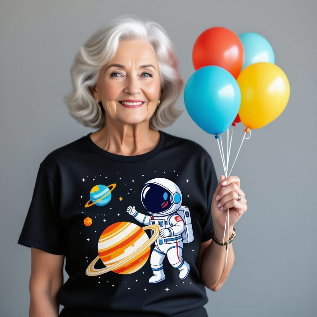 Woman in T-Shirt with Astronaut Holding Planet Balloons