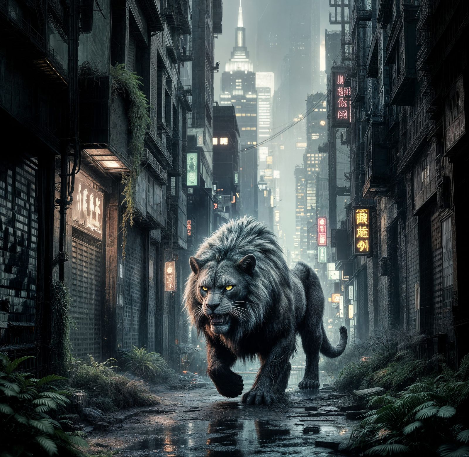 Bioluminescent Smilodon in Biomechanical NYC Alleyway