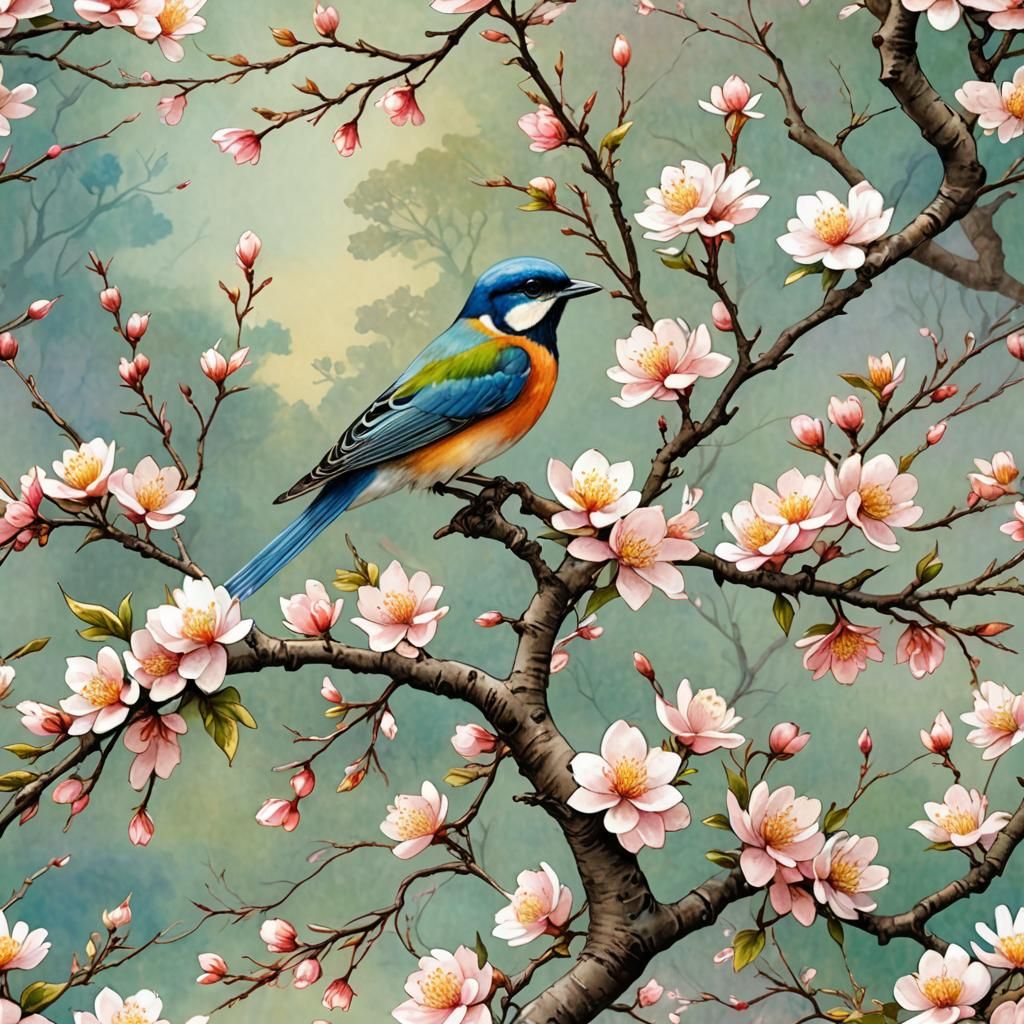 Ethereal Blossom Tree Scene in Whimsical Watercolour Style