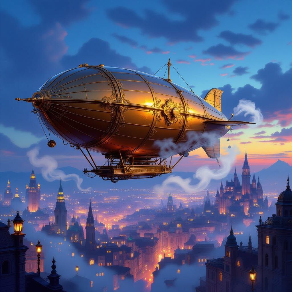 Bioluminescent Cityscape with Antique Brass Airship