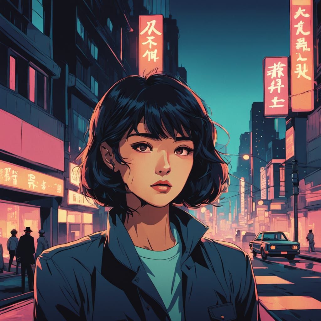 1980s Anime Noir City Street Scene