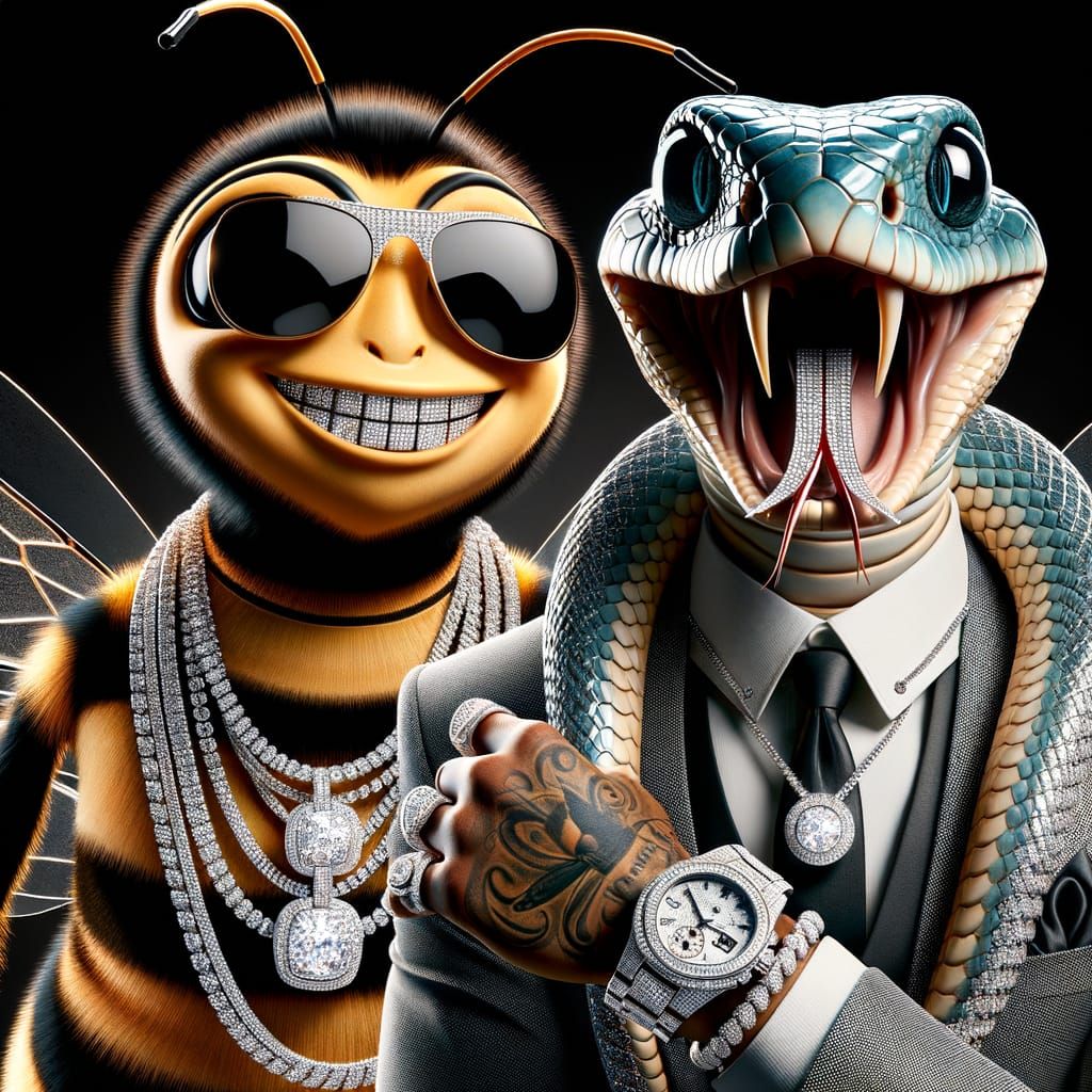 Luxurious Bee and Snake in Gangsta Attire, Exuding Opulence