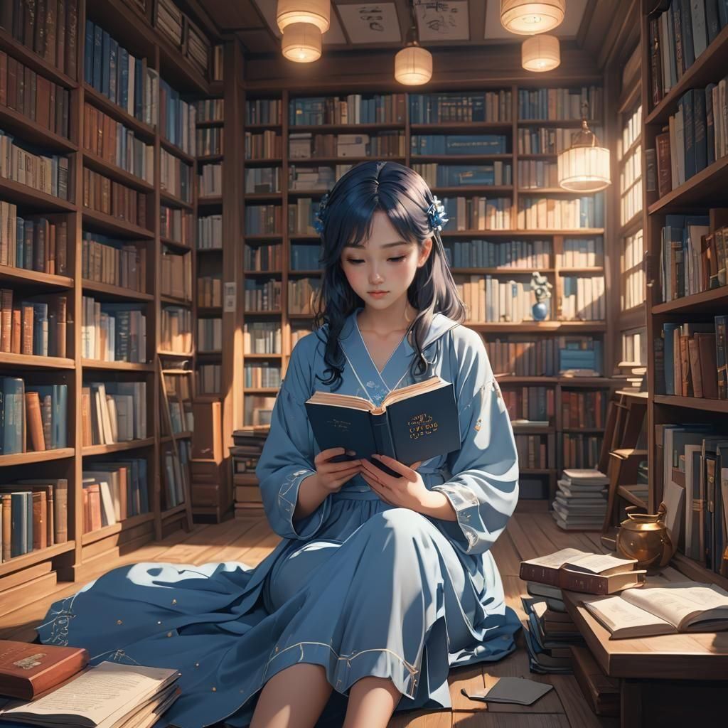 a beautiful girl reading in a Lofi book room