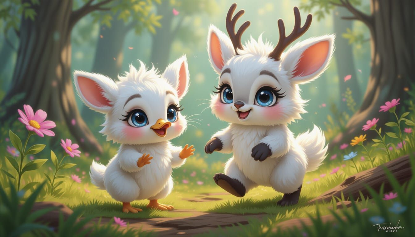Cute Baby Yeti Jackalope with Duck in Magical Forest