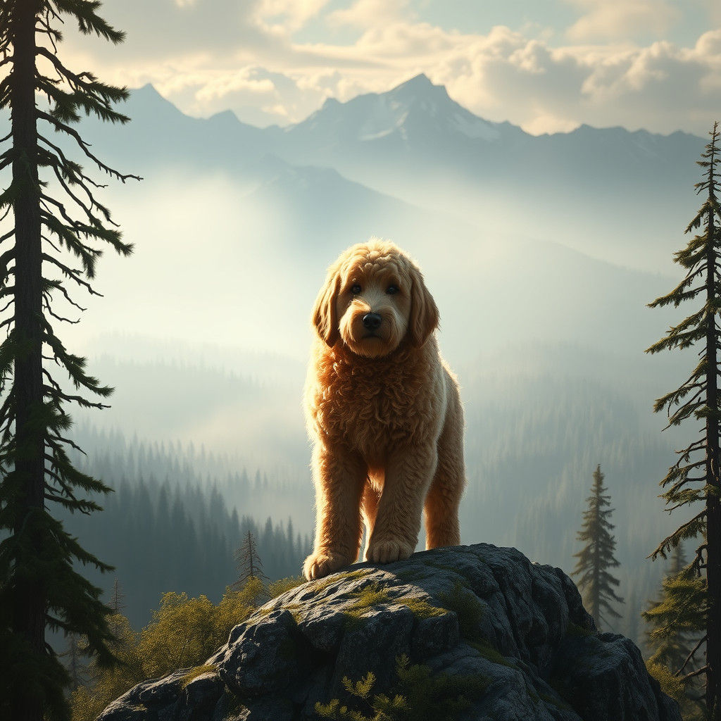 Majestic Goldendoodle on Misty Mountain Peak
