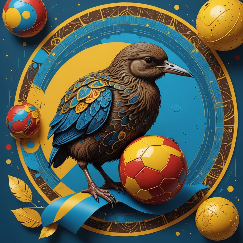 Digital Art of a Kiwi on a Vibrant Bauhaus-Inspired Scarf