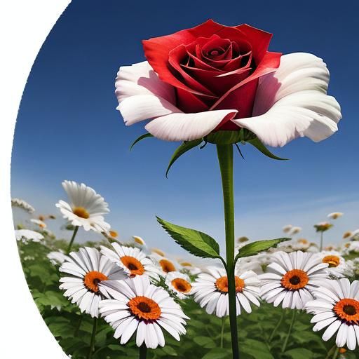 Vibrant Rose in a Daisy Field: Hyperreal Detail