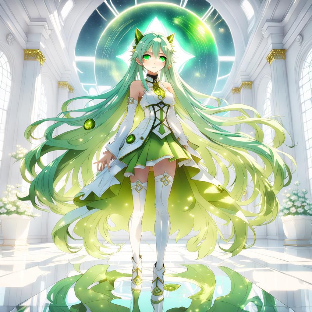 Anime Girl Portrait with Green Hair in Opalescent Room