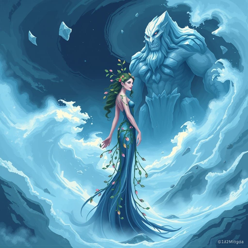 Dryad Confronts Frost Giant in Pixelated Retro-Futurism