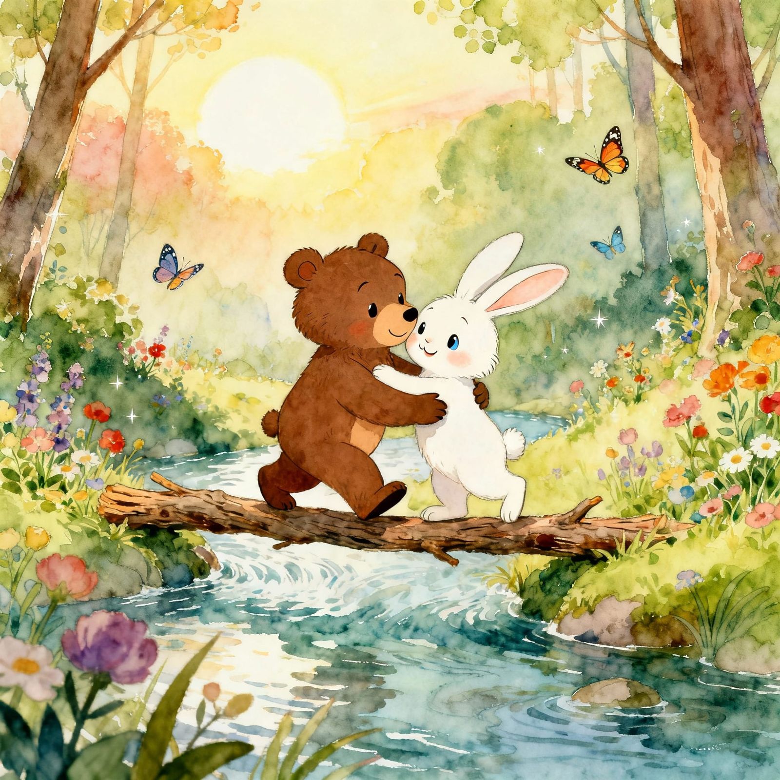 Children's Storybook Bear and Bunny Friendship Illustration