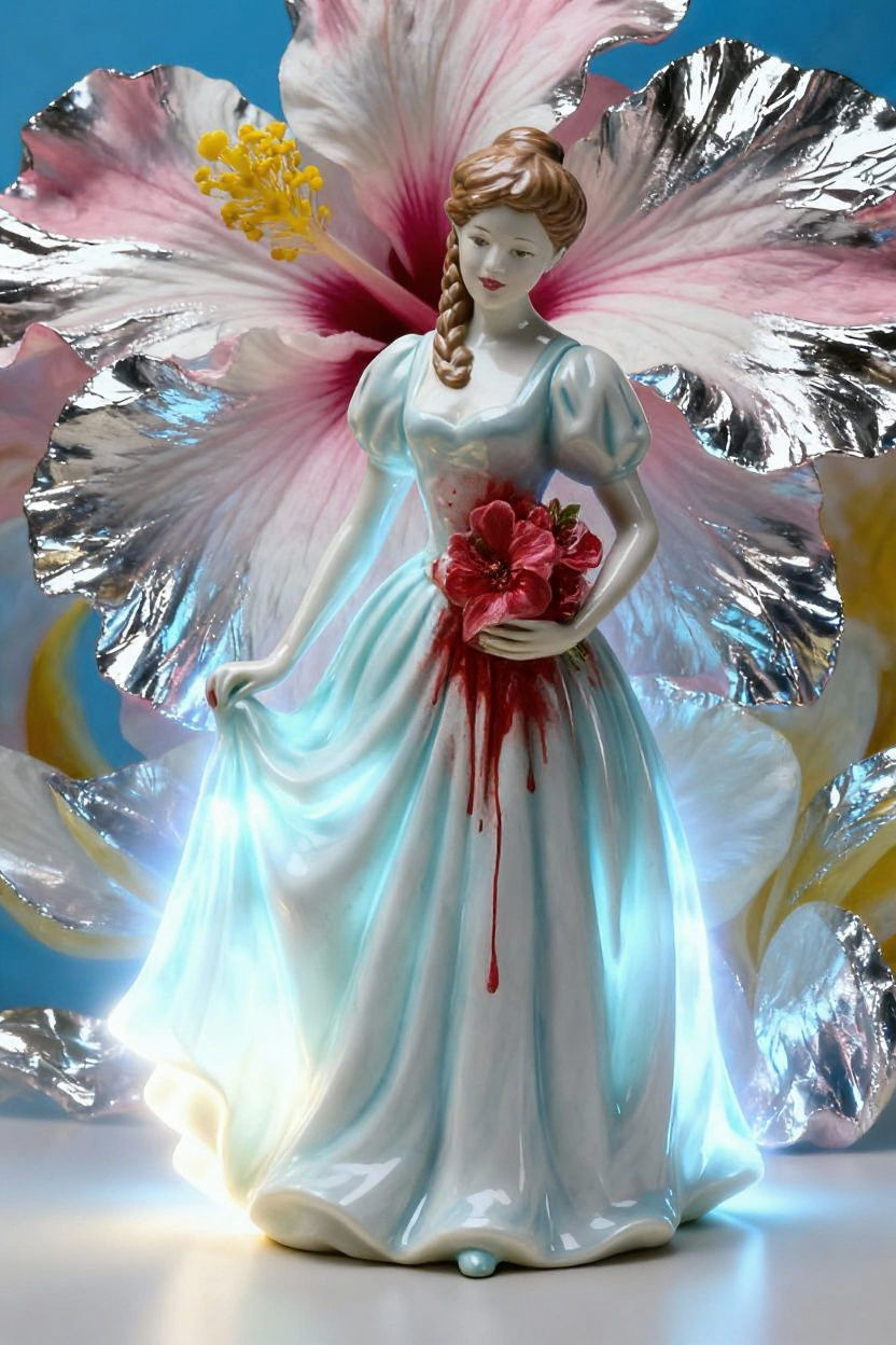 Porcelain Figure with Roses in Surreal O'Keeffe Landscape