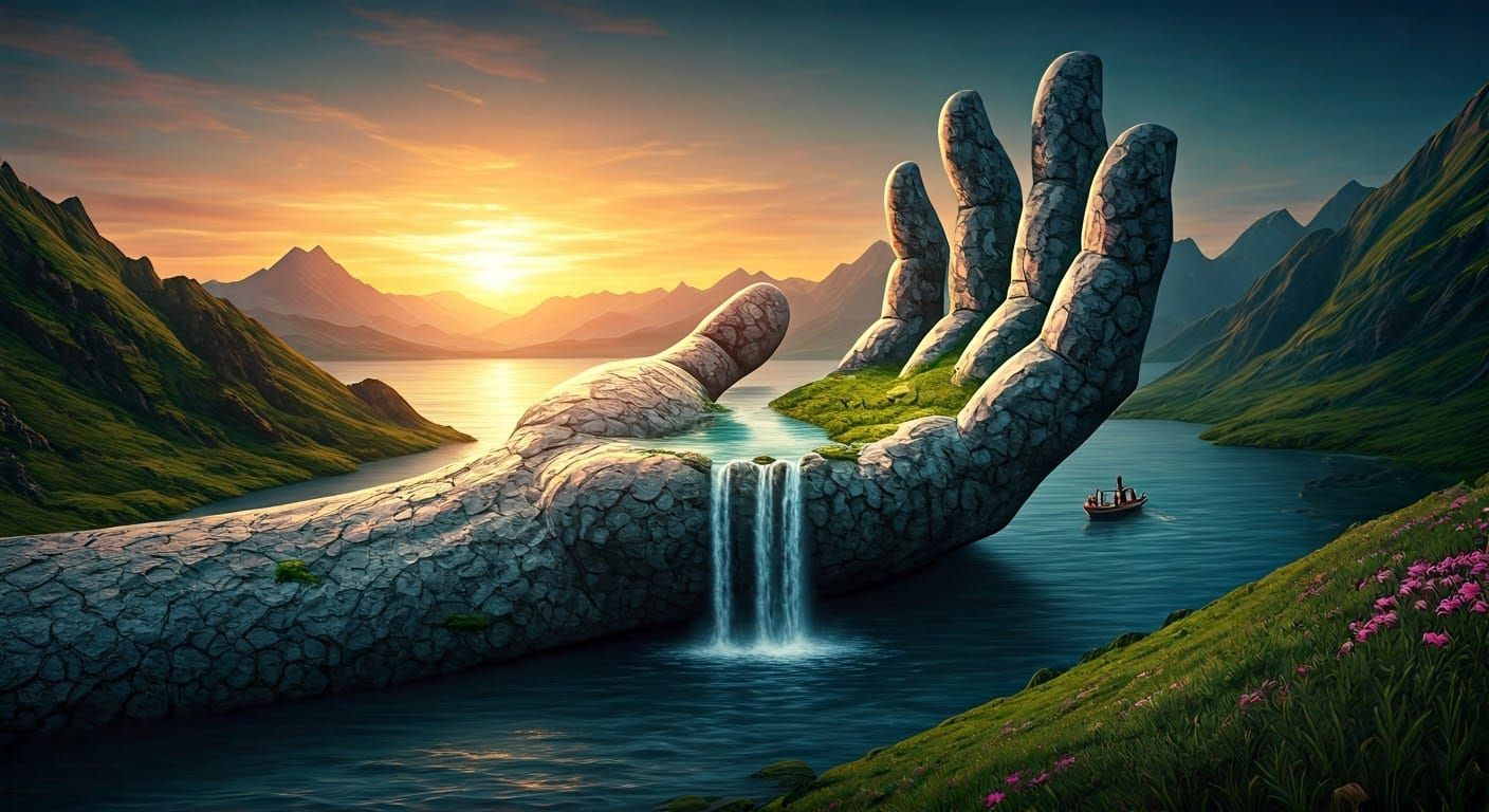 Surreal Stone Hand Landscape with River and Sunset