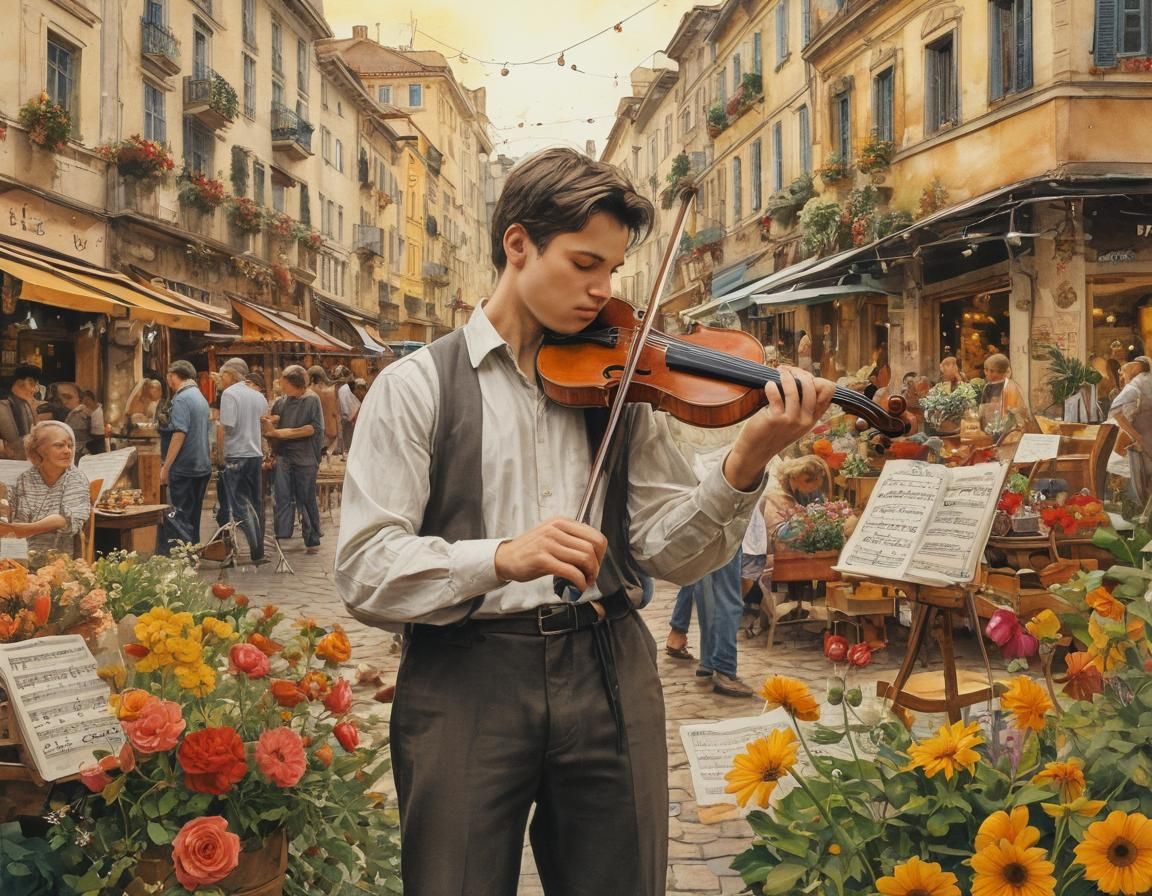 Surreal Street Musician in a Vibrant Market Square