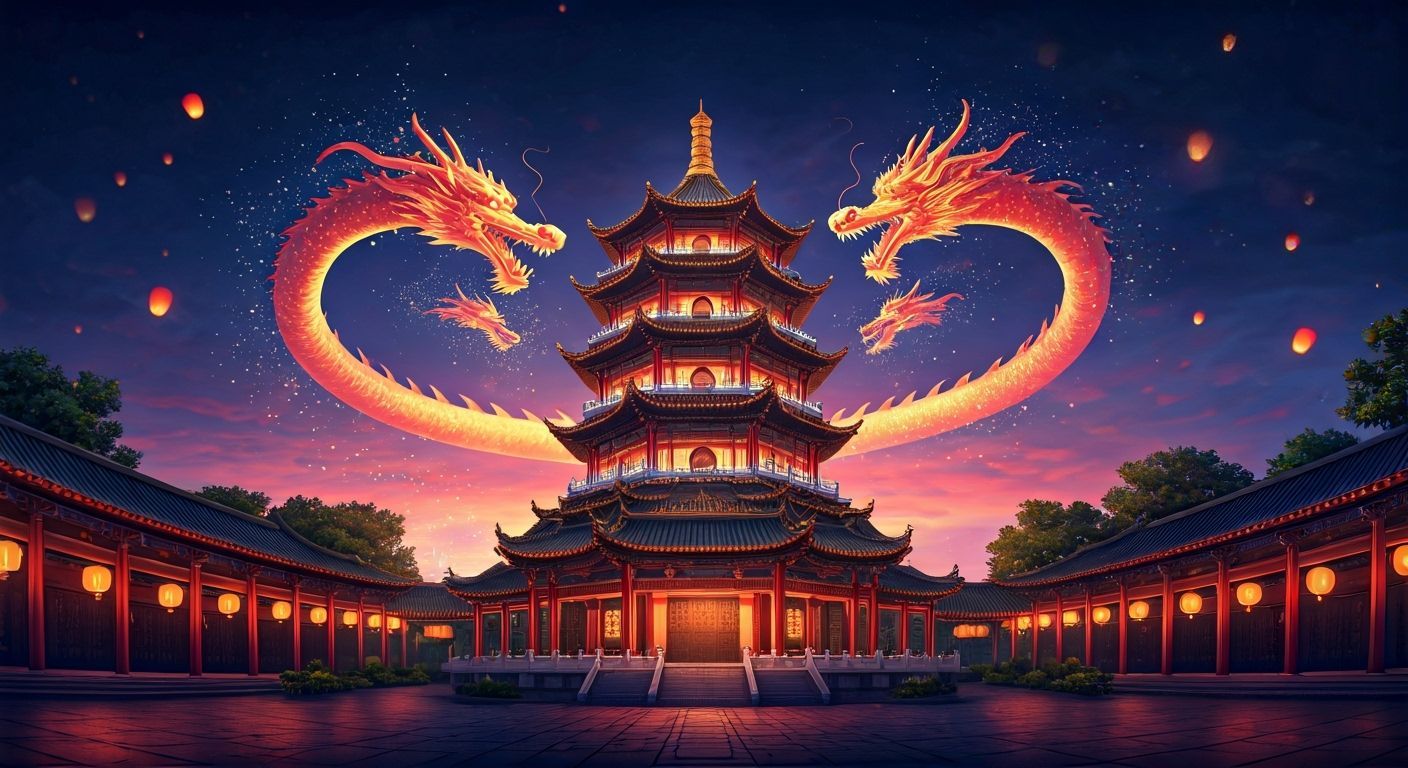 Magic Pagoda with Dragons Under Lantern Festival