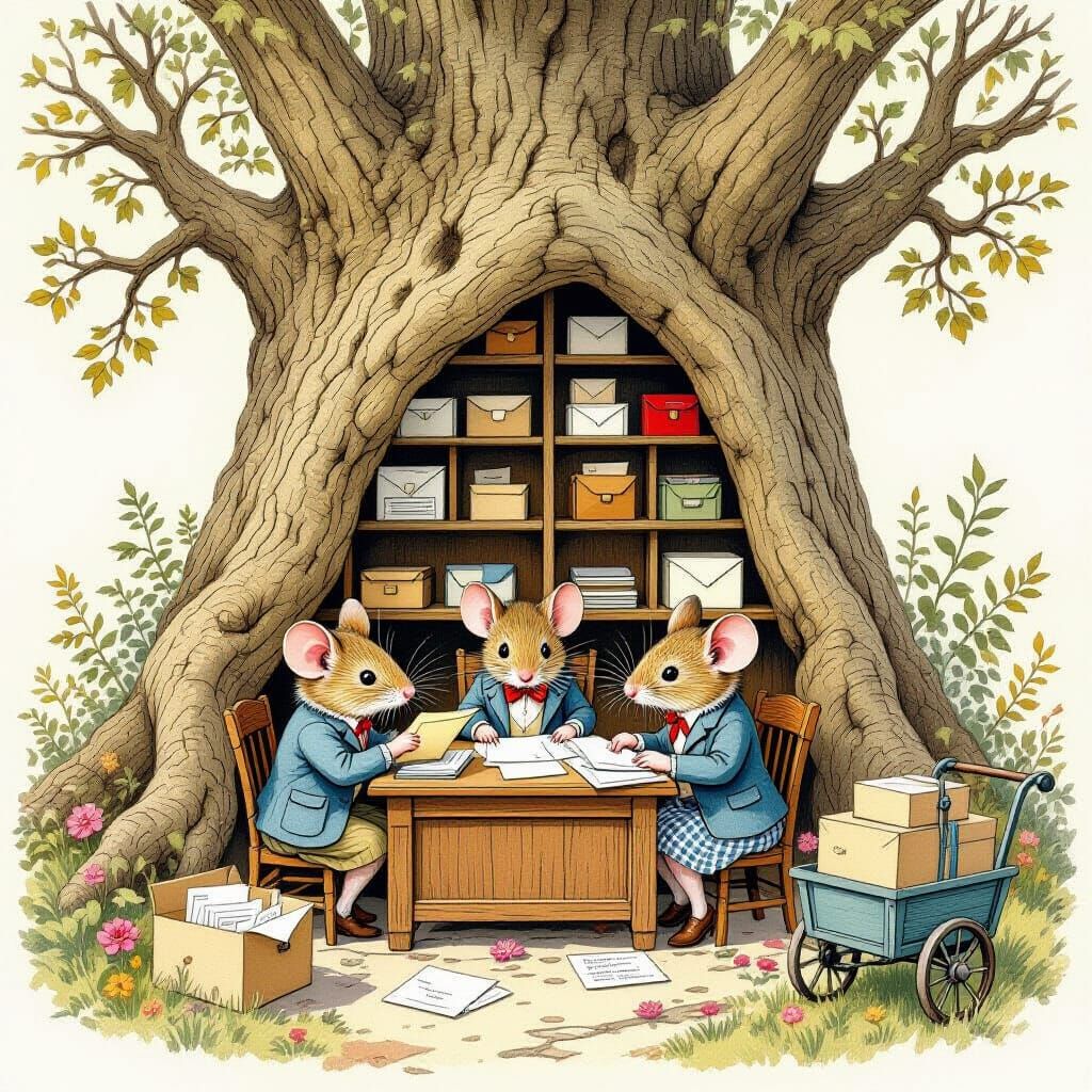 Whimsical Woodland Post Office with Mice in Art Nouveau Styl...