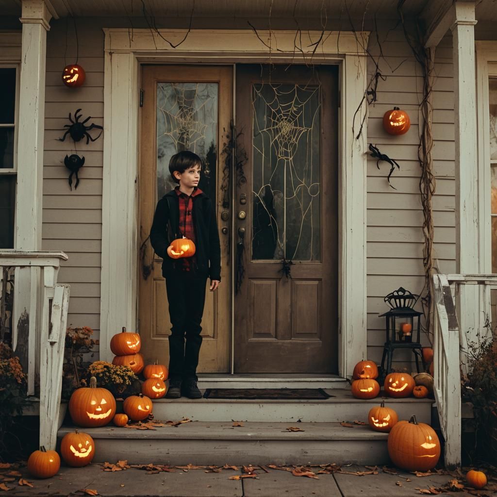 Spooky Halloween: Trick-or-Treater on a Porch