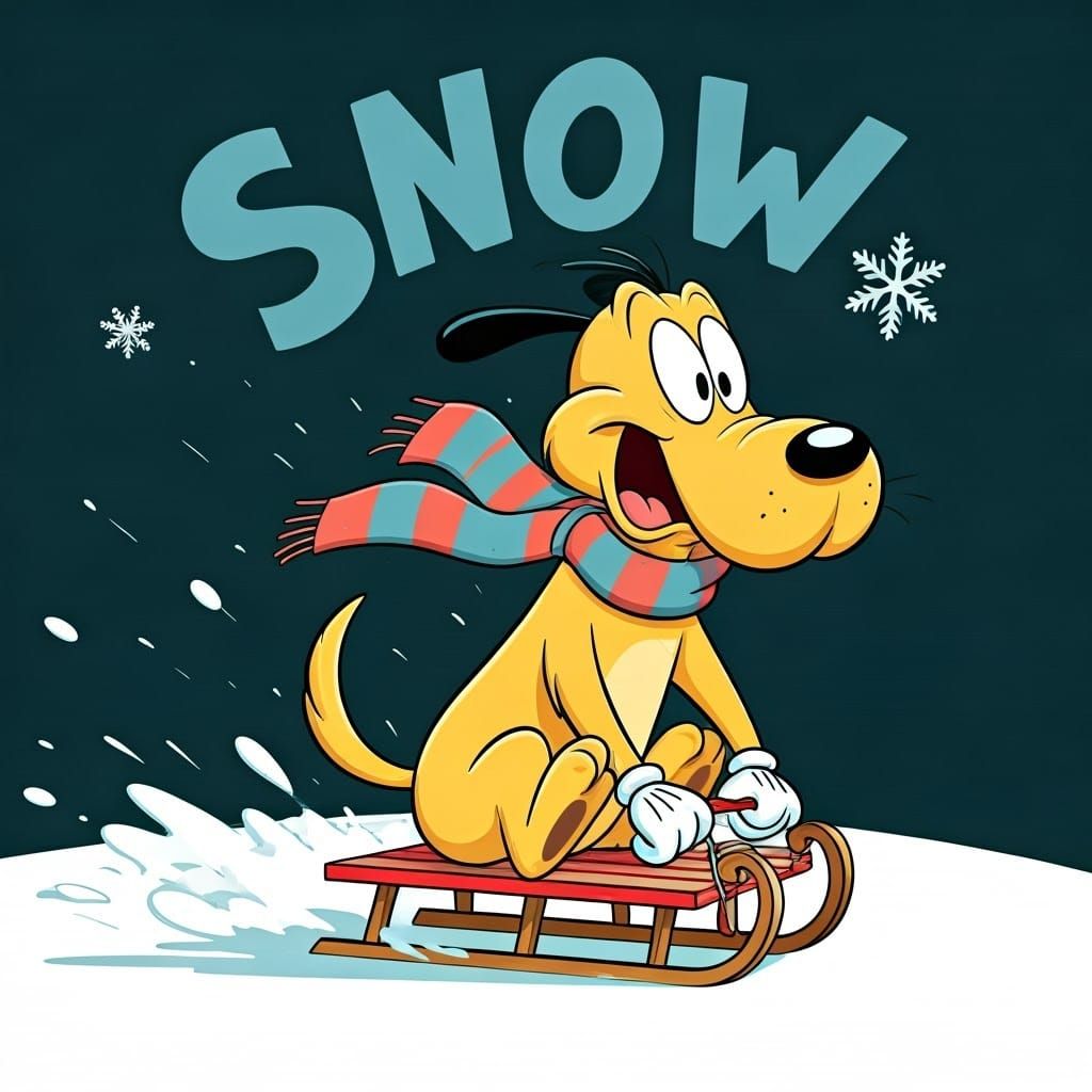 Joyful Cartoon Dog Sleds Down a Snowy Hill in a Vibrant Loon...