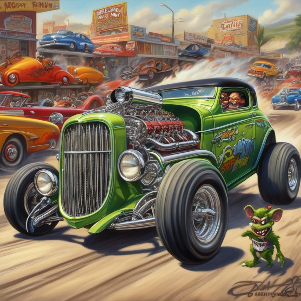 Rat Fink Monster in Hot Rod Art, Ed Roth Style
